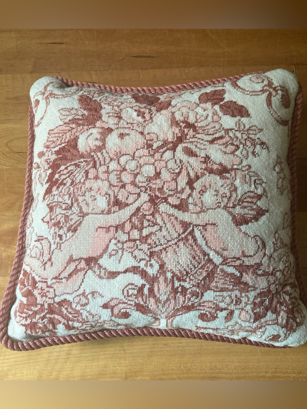 Vintage needlepoint Decorative Throw Pillow in Rose 14 X 14